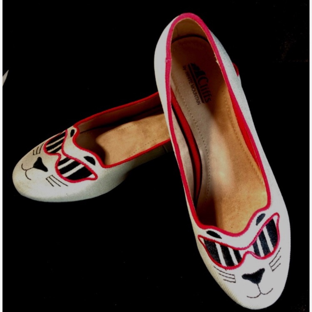 CLIFFS Rachelle Kitty Cat Flats Shoes womens sz 11 Embroidered Canvas Round Toe